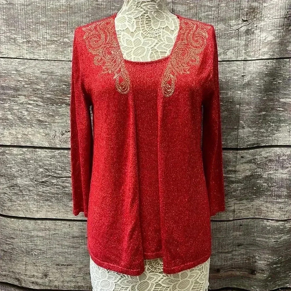 🎄 gorgeous, red and gold rhinestone top - Picture 1 of 6